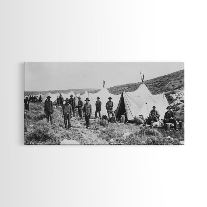 Military Camp with Tents and Soldiers, Farmhouse Style Framed Canvas Print for Historical Home Decor, Living Room Wall Art, Vintage Scene