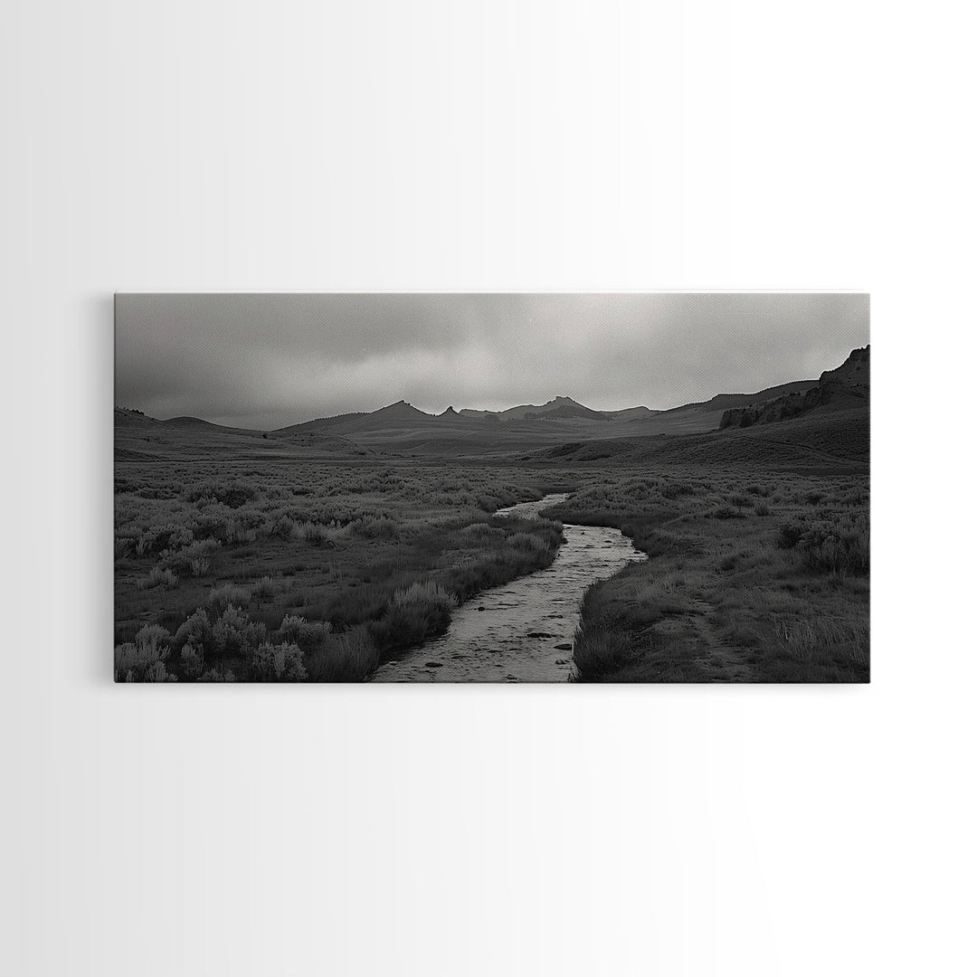 River and Rolling Hills Under Cloudy Sky, Black and White Framed Canvas Print Rustic Farmhouse Living Room Decor, Landscape Art, Home Decor