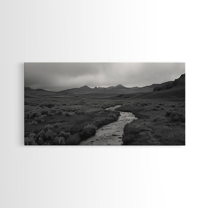 River and Rolling Hills Under Cloudy Sky, Black and White Framed Canvas Print Rustic Farmhouse Living Room Decor, Landscape Art, Home Decor