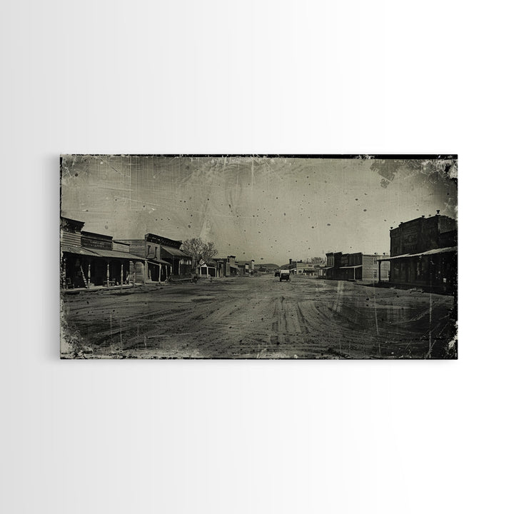 Deserted Old West Town Street, Sepia Framed Canvas Print Farmhouse Living Room Wall Art, Vintage Home Decor, Rustic Art Piece