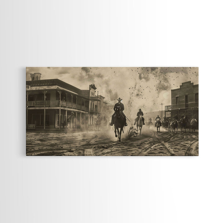 Cowboys Riding into Town, Vintage Framed Canvas Print Farmhouse Living Room Wall Art, Rustic Home Decor, Western Scene, Historical Art Piece
