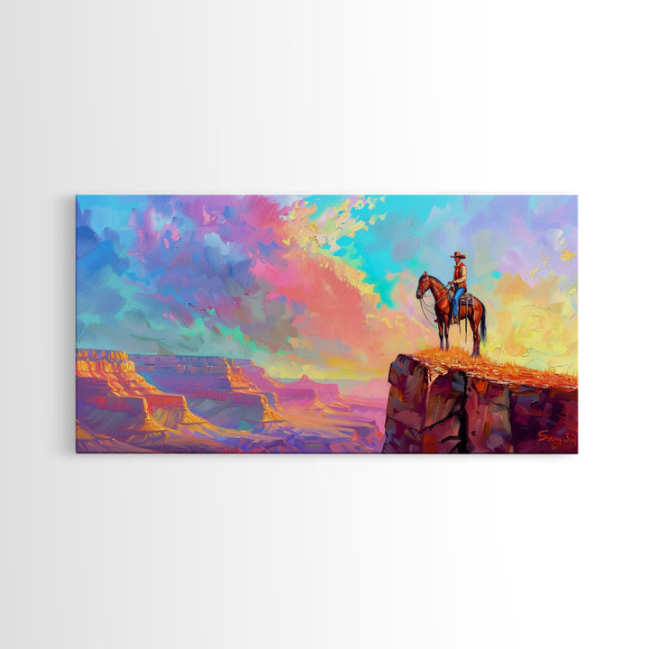 Cowboy on Horse with Colorful Sunset Sky, Farmhouse Style Framed Canvas Print for Living Room Wall Art, Vibrant Home Decor, Western Art