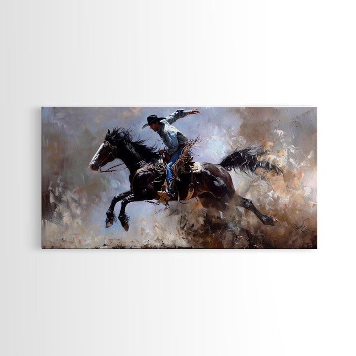 Colorful Cowboy Riding Horse in Dust, Farmhouse Style Framed Canvas Print for Living Room Wall Art, Vibrant Home Decor, Western Action Art
