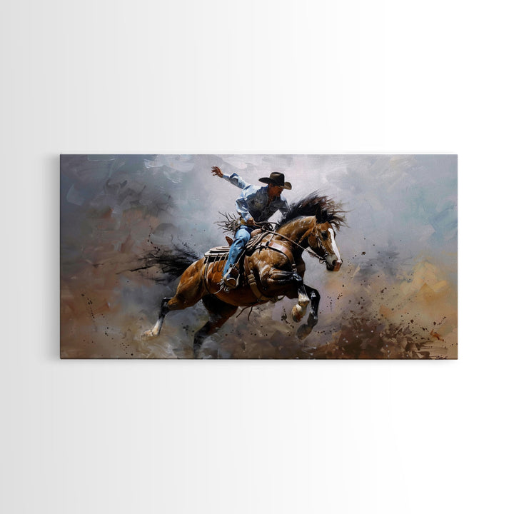 Colorful Rodeo Rider in Action on Framed Canvas Print, Perfect for Rustic Living Room Art, Western Bedroom Decor, Cowboy Wall Art