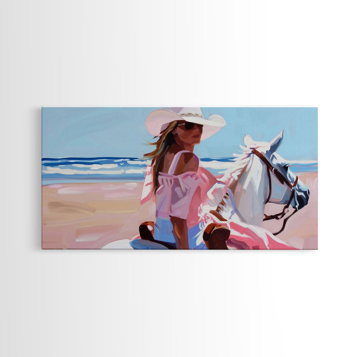 Elegant Cowgirl on Horse by the Shore, Beautiful Framed Canvas Print, Ideal for Coastal Living Room Art, Beach Bedroom Decor, Horse Wall Art
