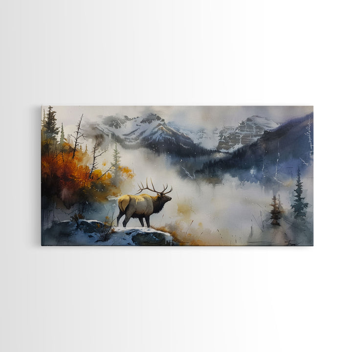 Majestic Elk in Misty Mountains, Framed Canvas Print, Perfect for Living Room Art, Rustic Bedroom Decor, Nature Wall Art, Wildlife Scene