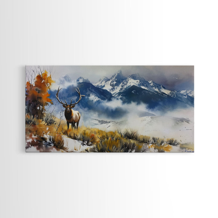 Majestic Elk in Mountain Landscape with Fall Foliage, Stunning Framed Canvas Print, Living Room Art, Rustic Bedroom Decor, Wall Art