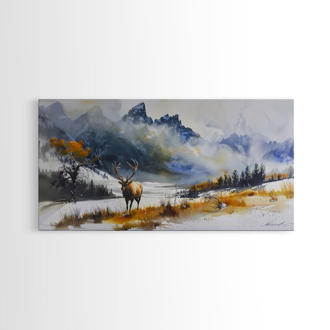 Majestic Elk in Snowy Mountain Scene, Beautiful Framed Canvas Print,for Living Room Art Rustic Bedroom Decor Nature Wall Art, Wildlife Scene