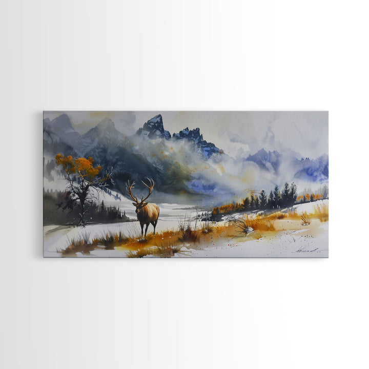 Majestic Elk in Snowy Mountain Scene, Beautiful Framed Canvas Print,for Living Room Art Rustic Bedroom Decor Nature Wall Art, Wildlife Scene