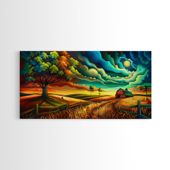 Vivid Abstract Farm Landscape with Dramatic Sky, Perfect Wall Art, Framed Canvas Print for Living Room or Bedroom Decor, Colorful Nature Art