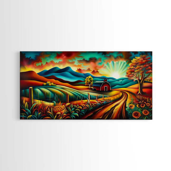 Colorful Farm Scene with Sunrise Over Mountains, Perfect Wall Art, Framed Canvas Print for Living Room or Bedroom Decor, Vibrant Nature Art