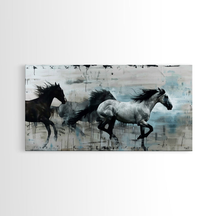 Black and White Horses Running in Abstract Landscape, Ideal Wall Art, Framed Canvas Print for Living Room or Bedroom Decor, Colorful Art