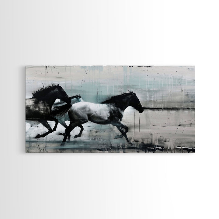 Colorful Abstract Horses Running, Black and White Wall Art, Framed Canvas Print for Living Room or Bedroom Decor, Equestrian Art