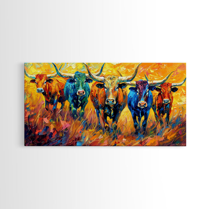 Colorful Herd of Cattle, Ideal for Living Room Art, Framed Canvas Print, Bedroom Decor, Home Decoration, Rustic Farmhouse Art