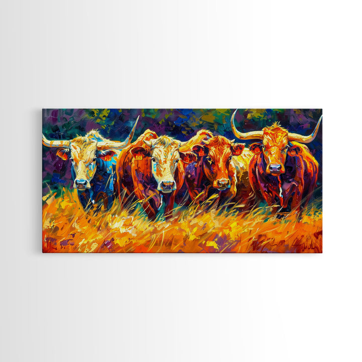 Bold and Colorful Bull Portrait, Perfect for Living Room Art, Framed Canvas Print, Bedroom Decor, Home Decoration, Vibrant Animal Art