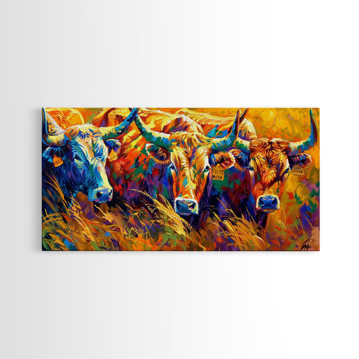 Expressive Cattle in Bright Colors, Ideal for Living Room Art, Framed Canvas Print, Bedroom Decor, Home Decoration, Unique Farmhouse Decor
