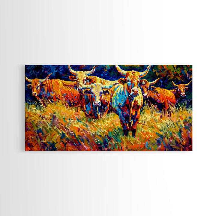 Beautiful Herd of Cattle in Colorful Style, Living Room Art, Framed Canvas Print, Bedroom Decor, Home Decoration, Artistic Farmhouse Decor