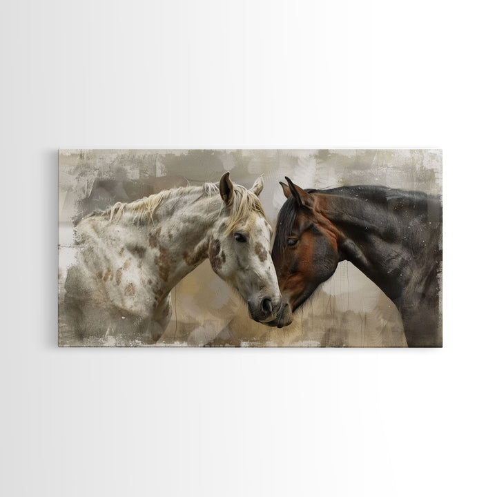 Horse Pair in Artistic Setting, Framed Canvas Print for Elegant Living Room Decor, Equine Art for Home and Bedroom Decoration
