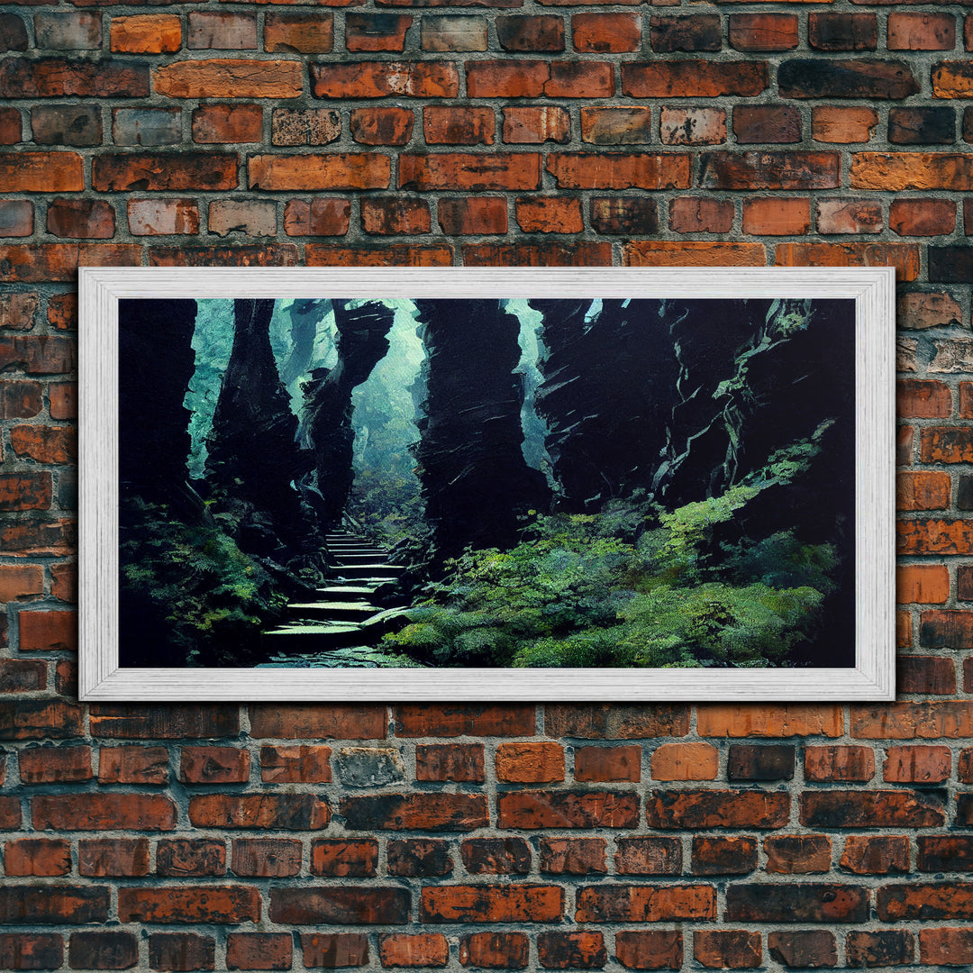 Fantasy Forest with Temple Steps, Wall Decor, Ready To Hang Framed Canvas Print, Oversize Wall Art