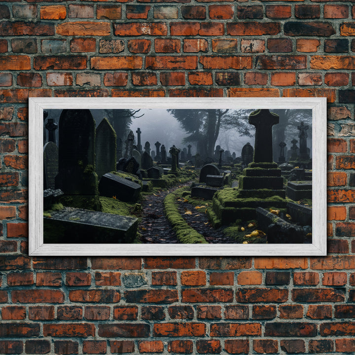 Moss Covered Cemetary, Haunted Graveyard Photography, Halloween Decor, Framed Canvas Print, Halloween Wall Art