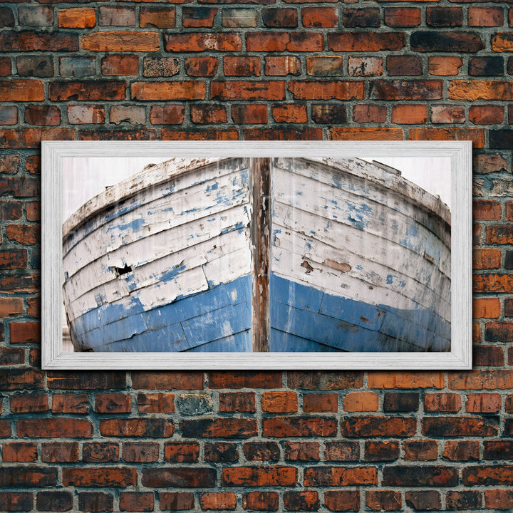 Photo Of An Old Wooden Boat With Peeling Paint, Framed Canvas Print, Nautical Wall Art, Lakehouse Decor