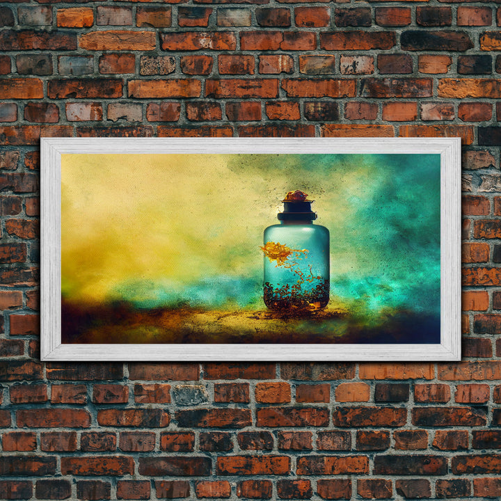 Mini world in a bottle, colorful miniature world art, framed canvas print, ready to hang framed wall art