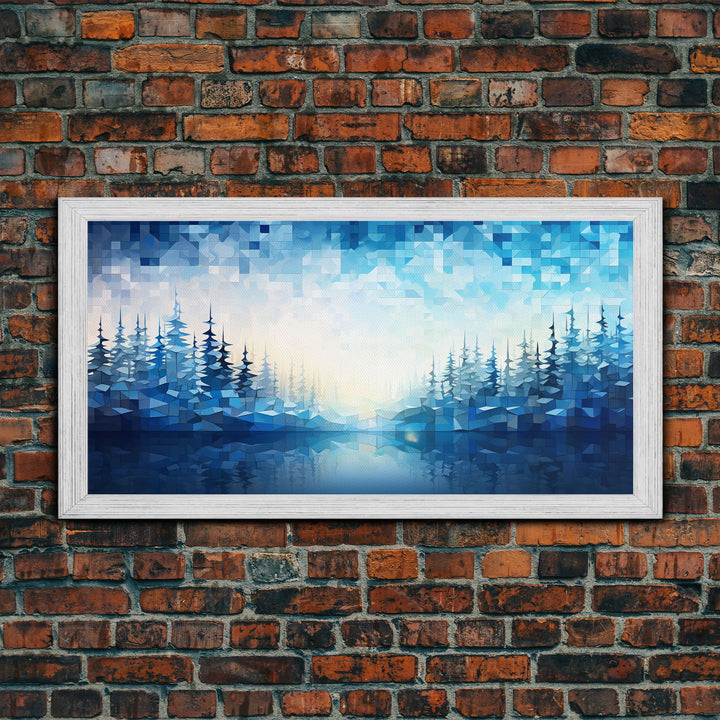 A Winter Scene, Framed Canvas Print, Mosaic Style Painting Print, Stained Glass Style Art, Above Mantle Art, Living Room Decor