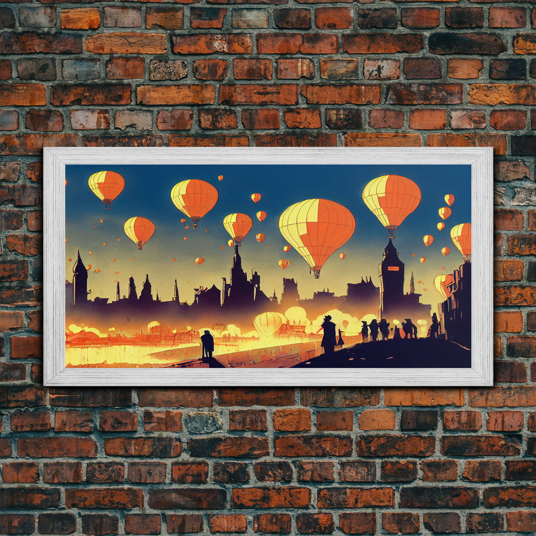 Flight of the balloons, hot air balloon armada, framed canvas print, ready to hang framed wall art