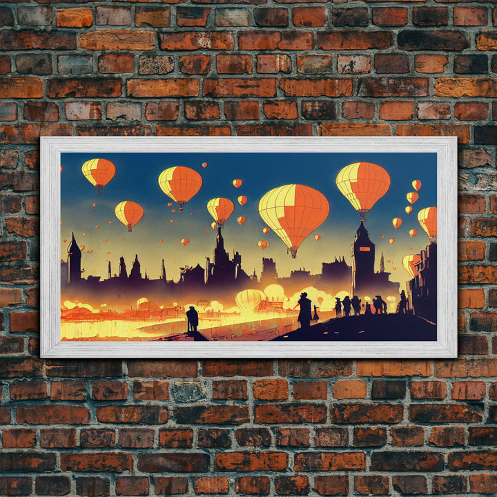 Flight of the balloons, hot air balloon armada, framed canvas print, ready to hang framed wall art