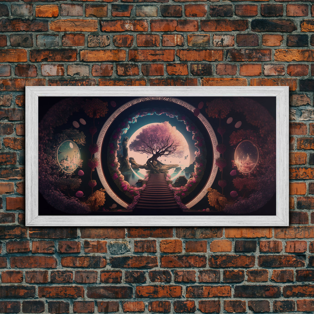 Stairway to a magical forest, fantasy concept art, framed canvas print, colorful wall decor, portal to another world