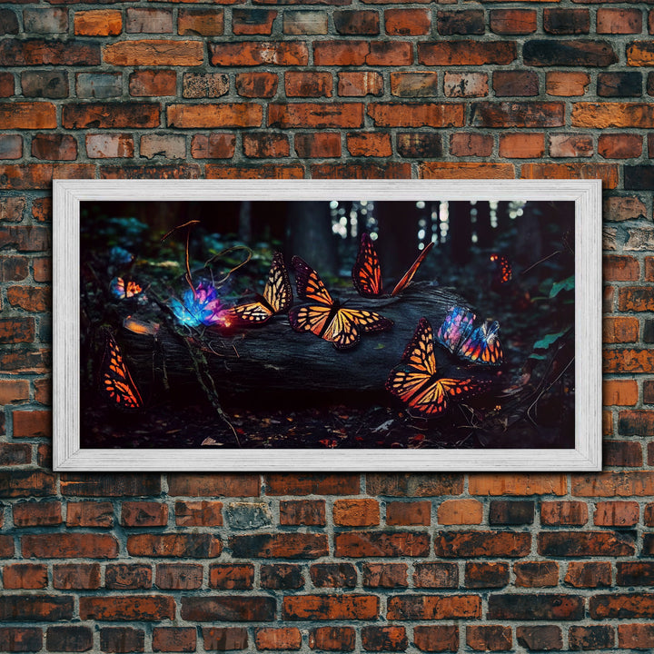 Glowing butterflies, fantasy forest wall art, framed canvas print, mother's day, mom gift, monarch butterflies