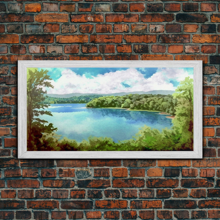 Lake Landscape, Lake Painting, Beach House Decor, Vintage Landscape, Scenery Print, Framed Canvas Print, Framed Art, Pacific Northwest Art
