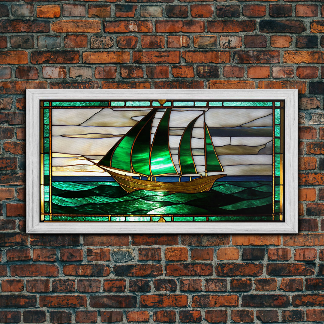 Emerald Green and Gold Art Deco Sail Boat, Framed Canvas Print, Retro MCM Style Wall Art, Midcentury Modern, Vintage Style, Stained Glass