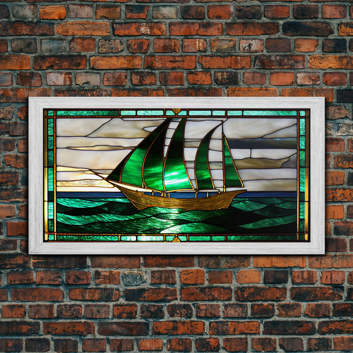 Emerald Green and Gold Art Deco Sail Boat, Framed Canvas Print, Retro MCM Style Wall Art, Midcentury Modern, Vintage Style, Stained Glass