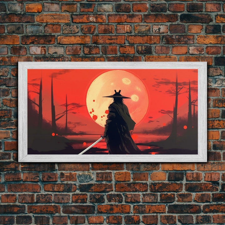 Mysterious Samurai and Blood Moon Print on Canvas, Framed Canvas Print, Modern Wall Art, Canvas Wall Set , Extra Large Wall Art, Warrior Art