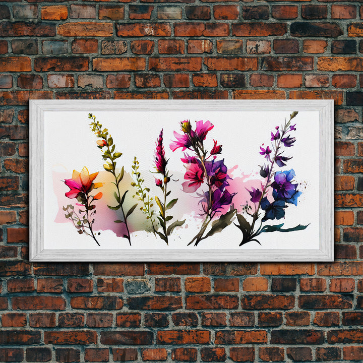 Colorful Wild Flowers On White Background, Framed Canvas Print, Watercolor Wall Art, Wall Decor, Floral Art, Pink Flowers, Mother's Day