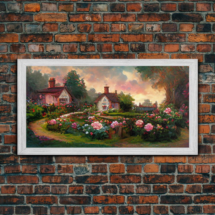 English cottage with rose garden, canvas print, cute English countryside wall art