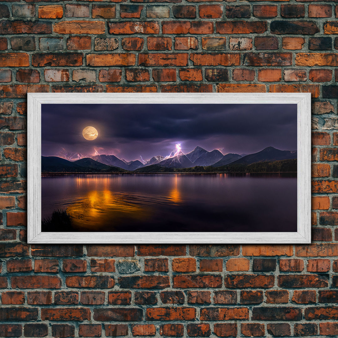 Full moon canvas print, Lightning storm over a mountain lake at night, cool wall art, awesome wall art