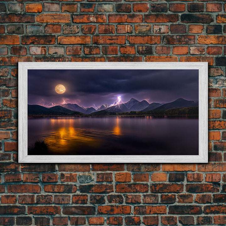 Full moon canvas print, Lightning storm over a mountain lake at night, cool wall art, awesome wall art