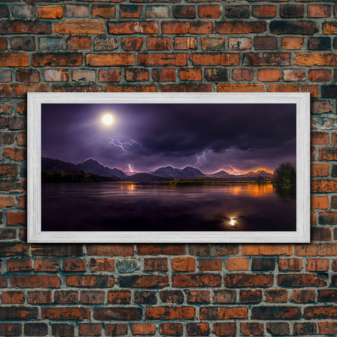 Full moon canvas print, Lightning storm over a mountain lake at night, cool wall art, awesome wall art