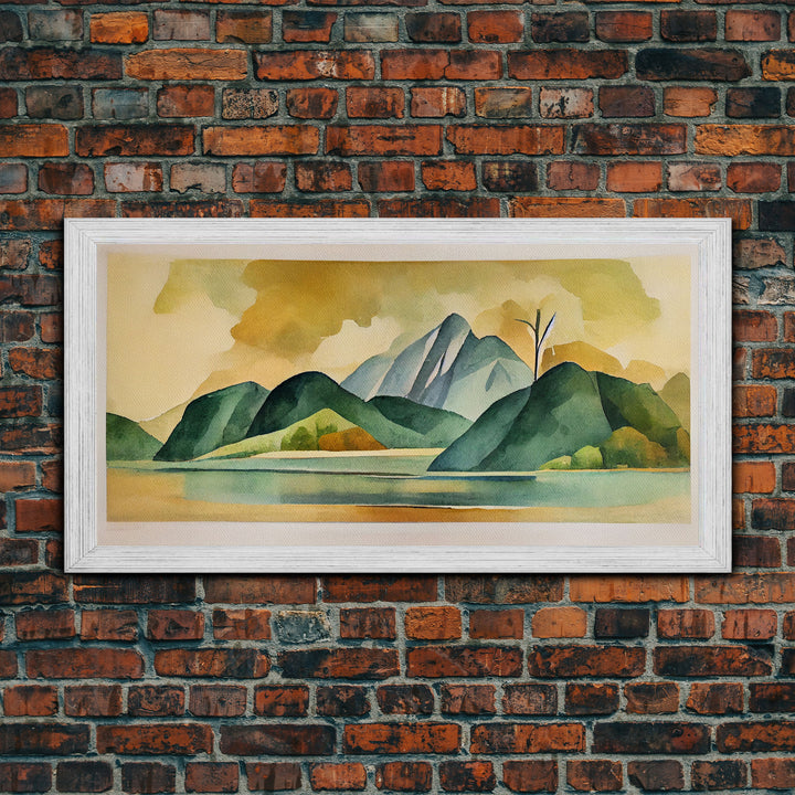 Serene Green Watercolor Landscape, Canvas Print, abstract wall art of a lake and mountains