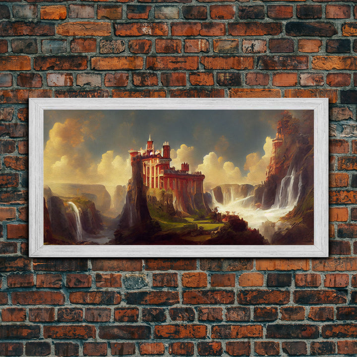 Fantasy wall art, canvas print, castle in the sky, castle atop mountains and waterfalls, watercolor