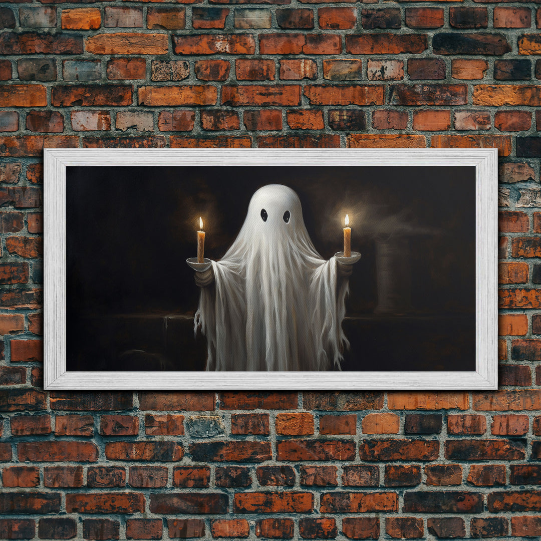 Cute Ghost Holding Candles, Framed Canvas Print, Dark Academia Wall Art, Victorian Oil Painting Style Halloween Wall Art, Ghost Print