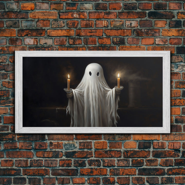 Cute Ghost Holding Candles, Framed Canvas Print, Dark Academia Wall Art, Victorian Oil Painting Style Halloween Wall Art, Ghost Print
