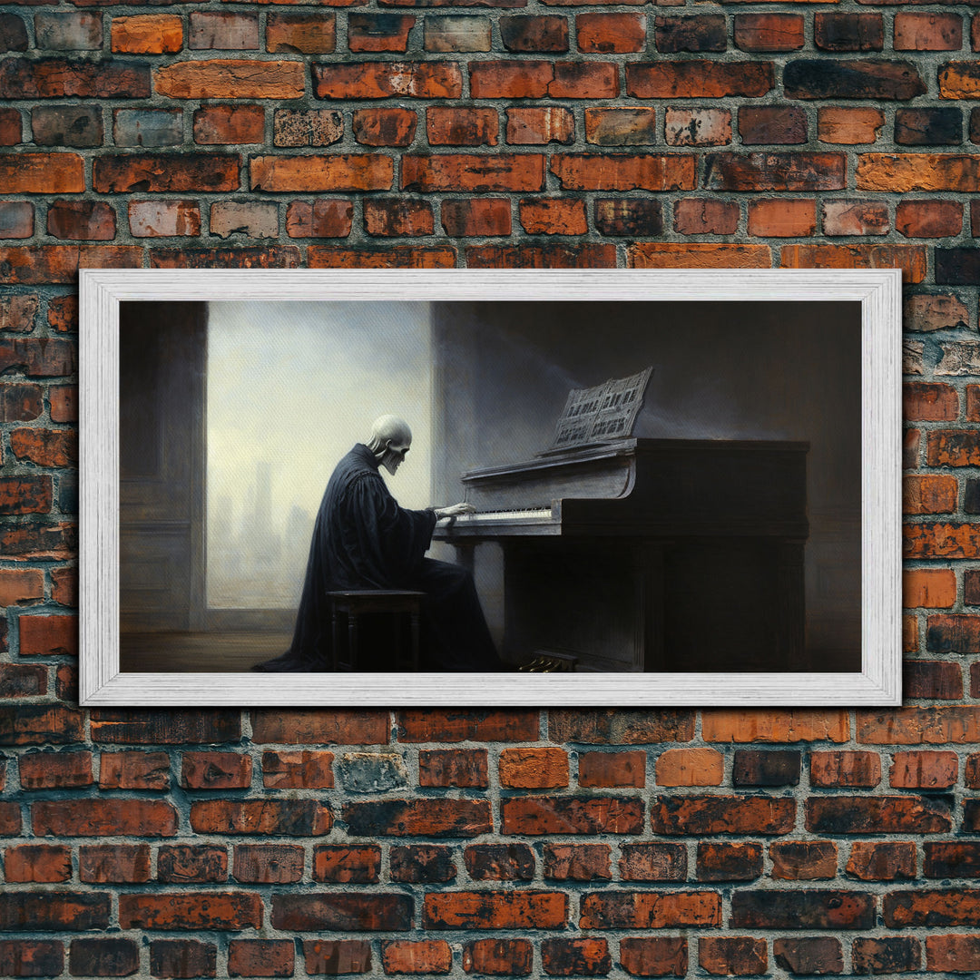 Grim Reaper Playing The Piano, Framed Canvas Print, Cool Halloween Decor, Wild West Themed Halloween Art
