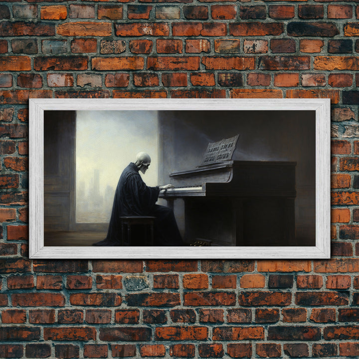 Grim Reaper Playing The Piano, Framed Canvas Print, Cool Halloween Decor, Wild West Themed Halloween Art