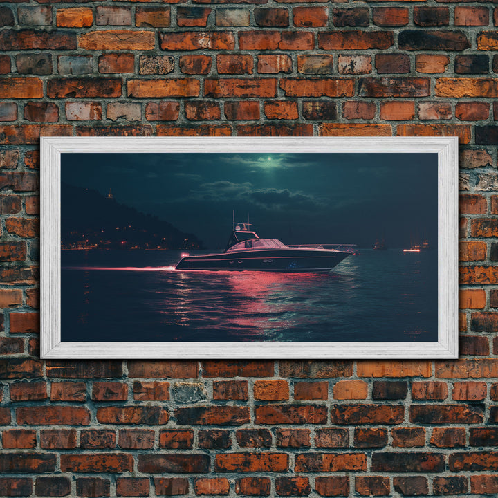 Night Cruise, Vaporwave Yacht Decor, Nautical Framed Canvas Print, Eclectic Retro Wall Art, 1980s Vibes Decor, Vintage Photography