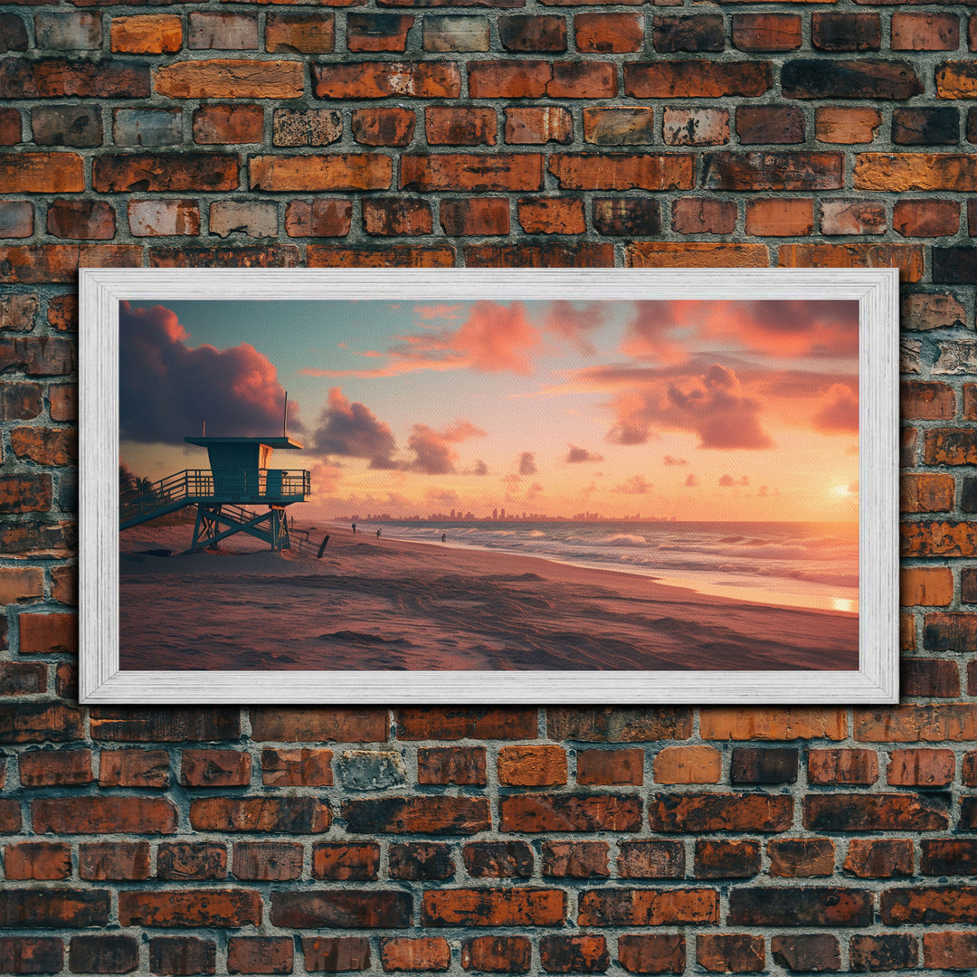Beach At Sunset Vaporwave Decor, Nautical Framed Canvas Print, Eclectic Retro Wall Art, 1980s Vibes Decor, Vintage Photography, Liminal Art