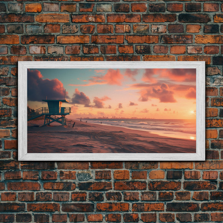 Beach At Sunset Vaporwave Decor, Nautical Framed Canvas Print, Eclectic Retro Wall Art, 1980s Vibes Decor, Vintage Photography, Liminal Art