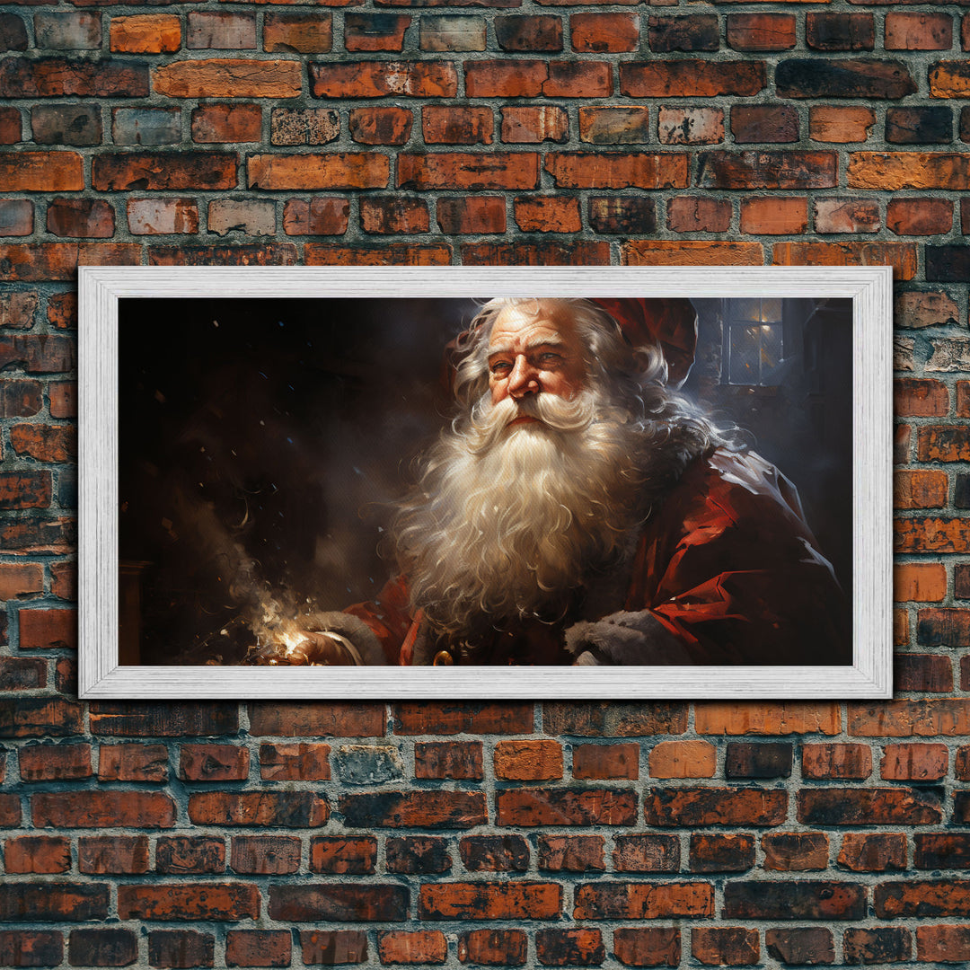 Santa Claus Burning The Midnight Oil - Framed Canvas Print - Christmas Santa Art - Xmas Decor Poster - Vintage Xmas Holiday Art Print